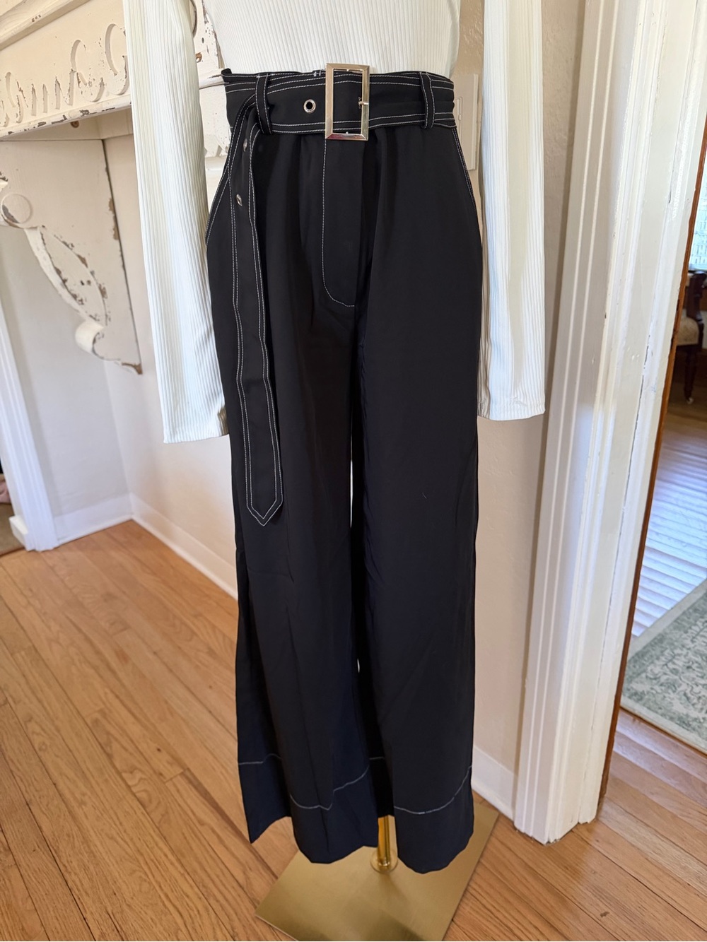 Black Wide Leg Chinos with Contrast White Stitching and Belt